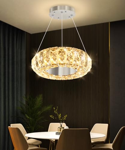 8" Ring Modern LED Dimmable Crystal Chandelier Adjustable Height Pendant Light Round Crystal Chandelier Light Fixtures for Dining Room Living Room Kitchen Island Silver (Silver / 1 Ring Round 8")