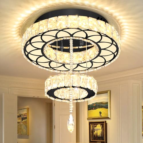 Dia 16" Black Modern Crystal Chandeliers Flush Mount Chandelier Dimmable LED Light Crystal Ceiling Light for Hallway Bedroom Living Room Dining Room (Black / W:16inches)
