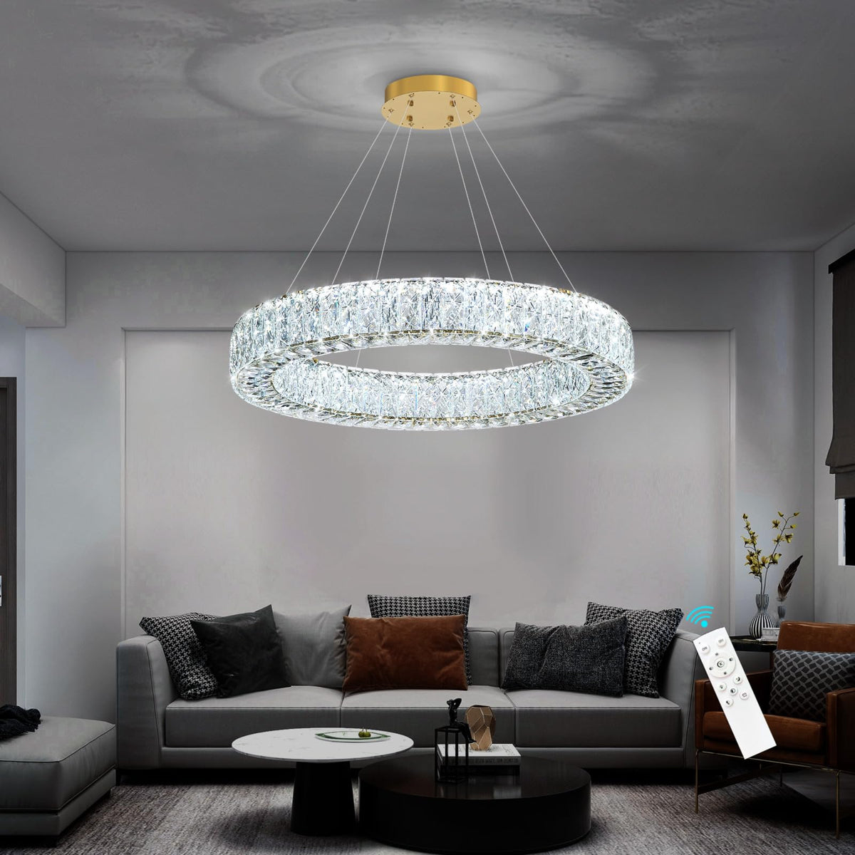 32 Inch Chandelier Glam Dimmable LED Crystal Chandeliers Luxury Round Pendant Lighting Fixtures for Dining Room Bedrooms Gold (Gold / Ring 32")