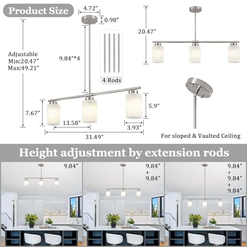 3 Light Kitchen Island Lighting Brushed Nickel Dining Room Light Fixture with Milk Glass Shade 31" Modern Linear Chandelier Adjustable Hanging Pendant Lighting Over Island Dining Table Living Room (Silver / 3-light)
