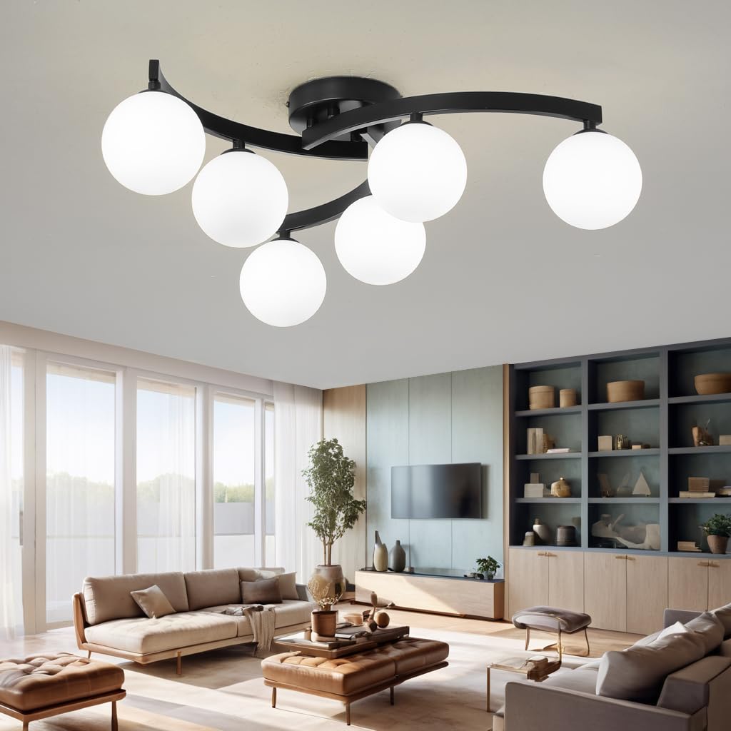Modern Mid Century Black Glass Globe Semi Flush Mount Ceiling Light Fixture (6 Light)