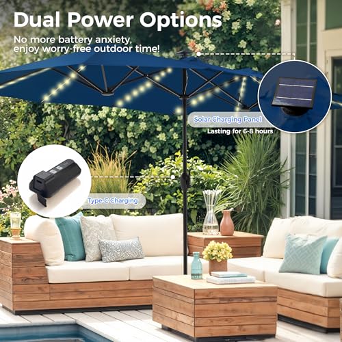 13ft Outdoor Patio Umbrella with Solar Lights (Navy Blue)