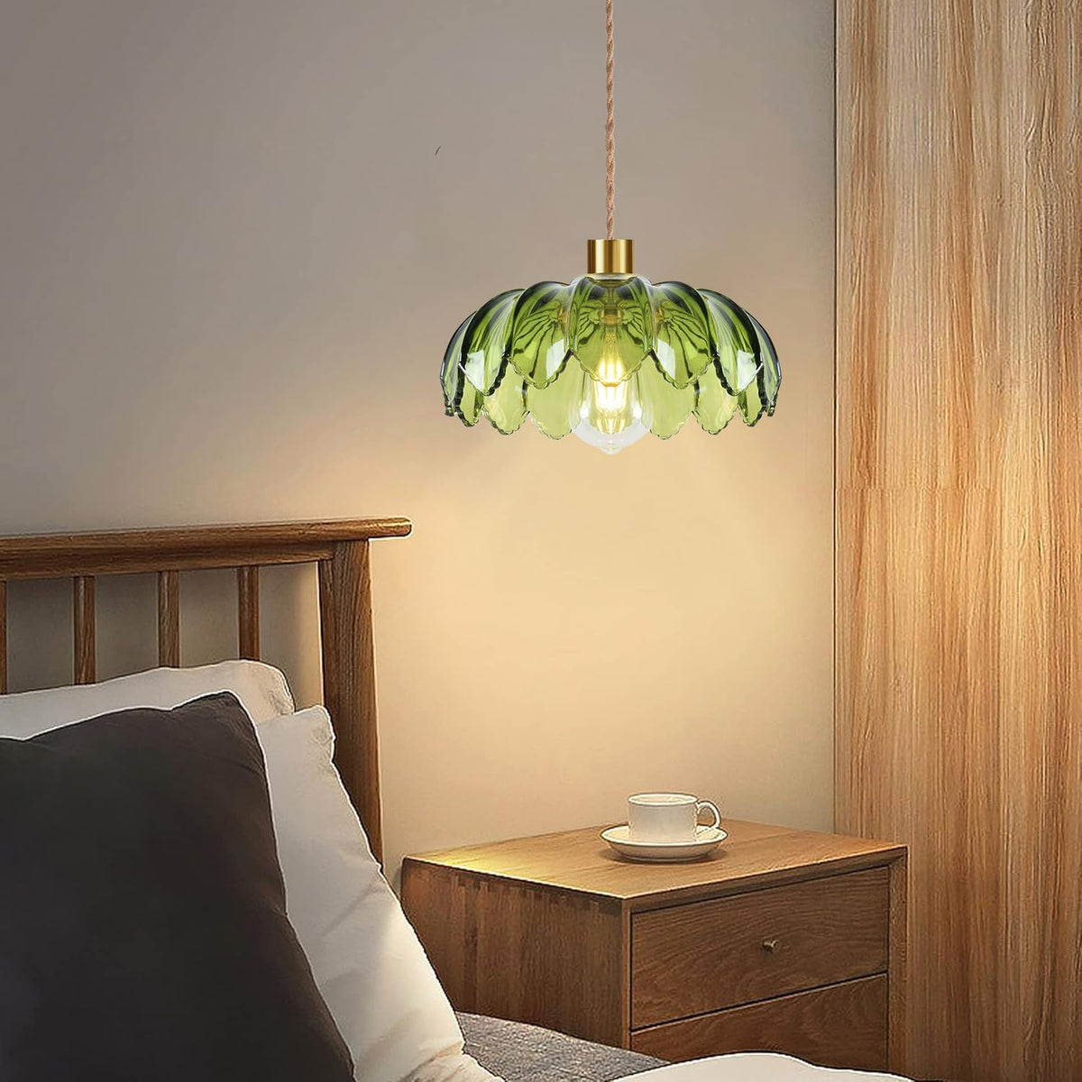 Plug in Pendant Light Hanging Lights with Plug in Cord Boho Hanging Lamp Glass Gold Mid Century Modern Vintage Dimmable Green Flower Plug in Chandelier Ceiling Fixture for Living Room (Pendant Light-12)