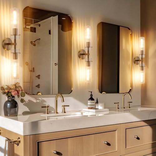 Brass Gold 2 Light Knurled Wall Sconce (Brass-Vertical Striped / 24.4″-2 Pack)