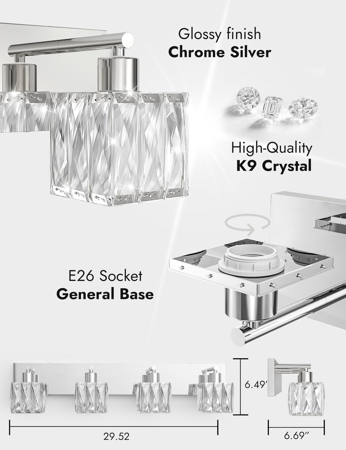 4 Light Crystal Bathroom Vanity Light Square (Polished Chrome-Square / 4 Light)