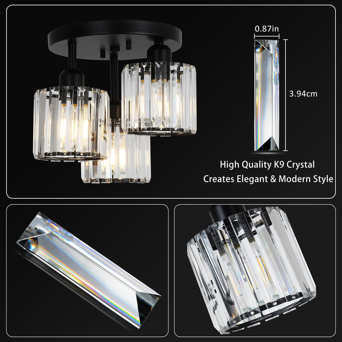 Crystal Semi Flush Mount Ceiling Light (Black-A)