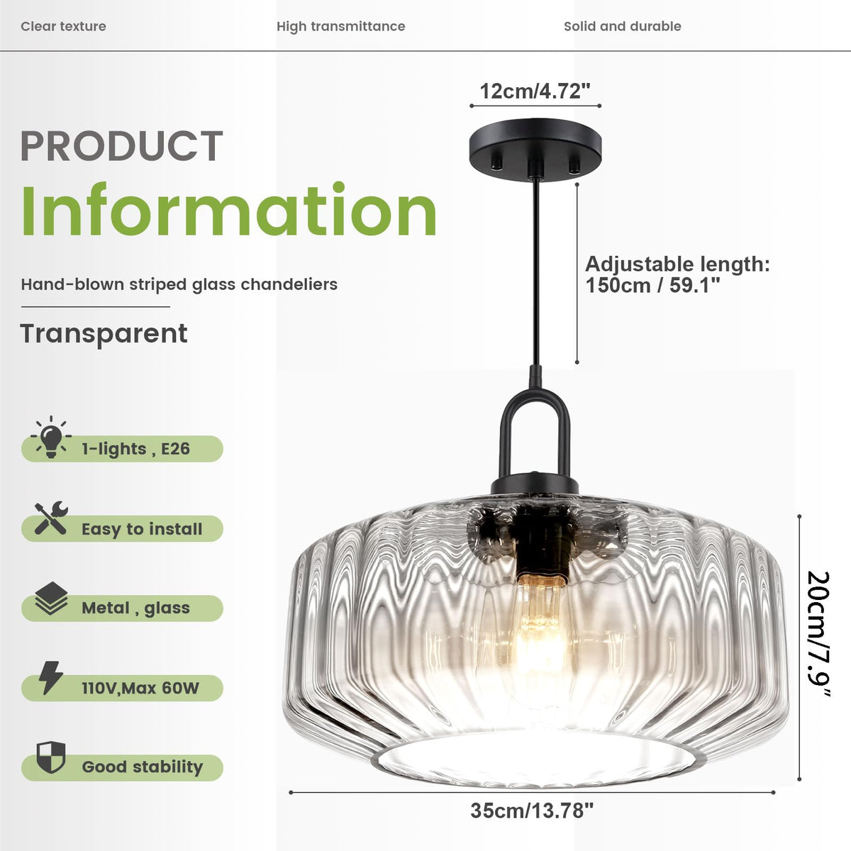 Clear Ribbed Large Glass Pendant Light Black 13.78″ light fixture (13.7″Clear)