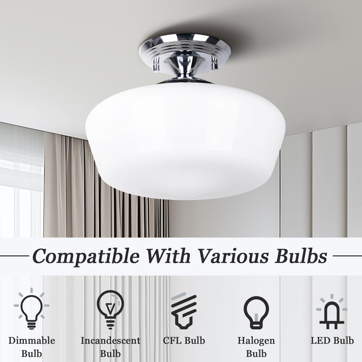 Schoolhouse Style Semi Flush Mount Ceiling Light Fixture (Chrome / Medium)