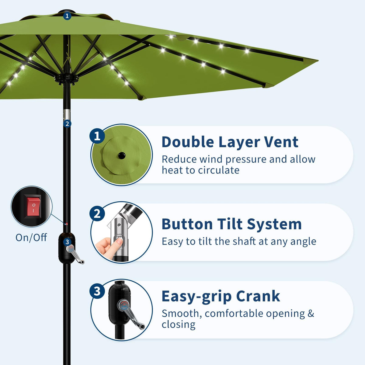 9FT Solar LED Patio Umbrella with Tilt & Crank (Grass Green / 9FT)