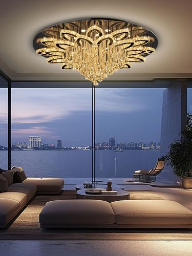48in Large Crystal Chandelier for Living Room Foyer Dining Room Hallway Dimmable 2700k 4500k 6000k (Black / W:48inches)