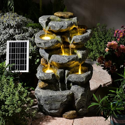 Solar Water Fountain Outdoor Cascading Waterfall Fountain with LED Lights