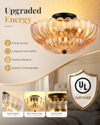 Semi Flush Mount Ceiling Light Fixture 14" Vinatge Black Ceiling Lights Amber Mid Century Modern Glass Close to Ceiling Lighting Fixtures for Bedroom Hallway Kitchen Laundry Room Bathroom (Brown-(black base) / 14inch)