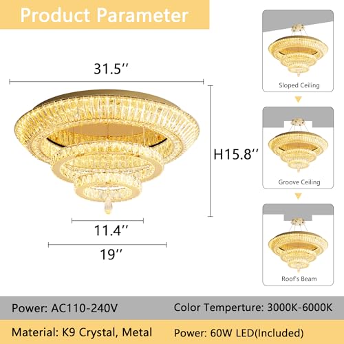 Modern Gold Crystal Chandelier LED Ceiling Light Fixture 60W Dimmable Chandeliers for Living Room Bedroom Foyer (Gold / W32"-Ring)