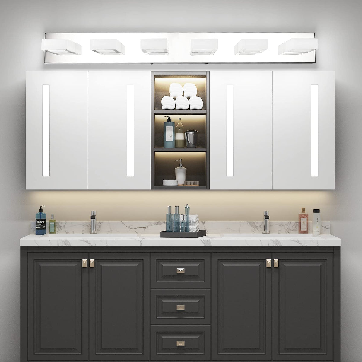 LED Modern Chrome Vanity Lights 6 Lights Stainless Steel Acrylic Modern LED Bathroom Vanity Lights Over Mirror (Chrome-Natural light / 40.4 inch)