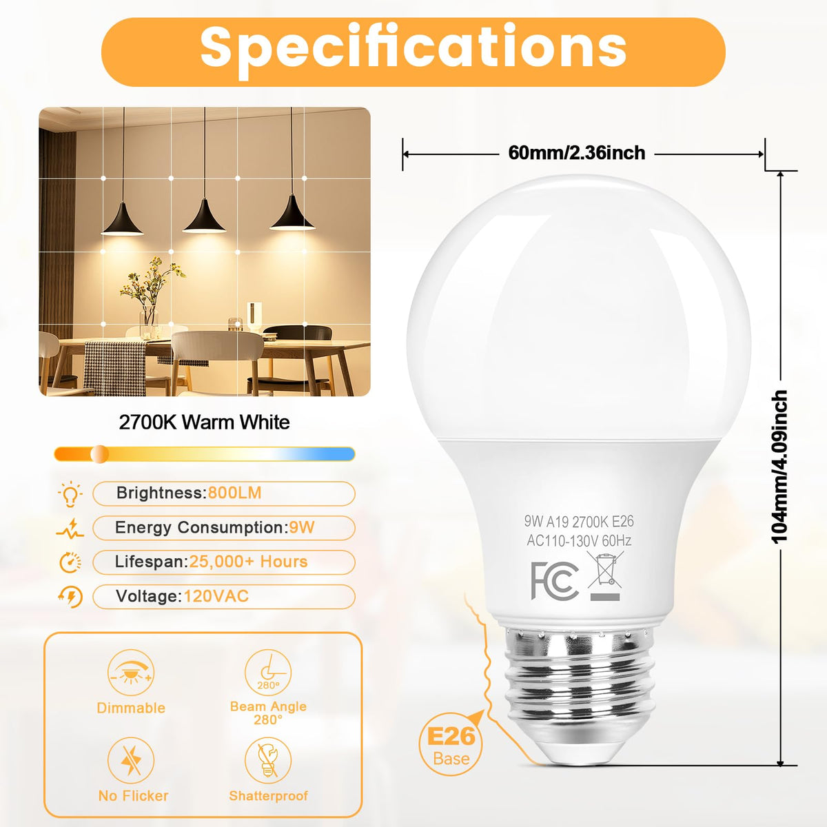 A19 Dimmable LED Light Bulb (2700k Warm White)