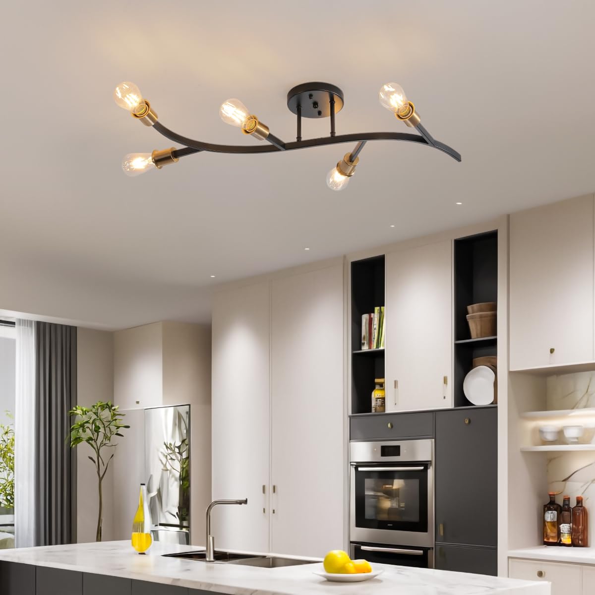 Modern Sputnik Semi Flush Mount Ceiling Light Fixture Black and Gold (5-lights Black and Gold)