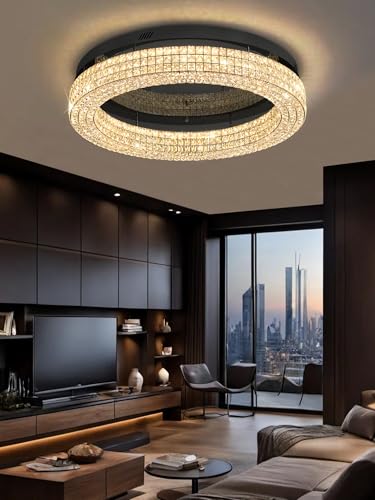 32'' Modern Chandeliers for Living Room Crystal Chandelier Flush Mount Ceiling Light Fixture for Dining Room Living Room Bedroom Dimmable 2700 (Black / Dia 32inch)