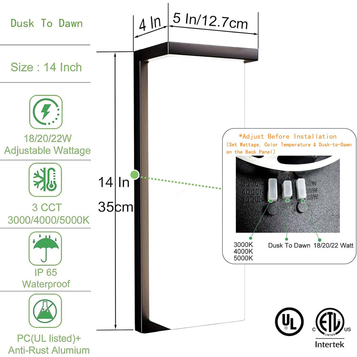 14in Dusk to Dawn Modern Black Outdoor Wall Light Fixtures (1 Pack)