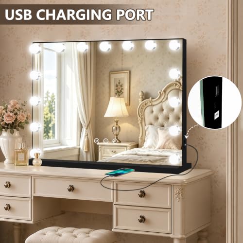 Black Hollywood Vanity Mirror with Lights (Black / 23"L x 18"W)