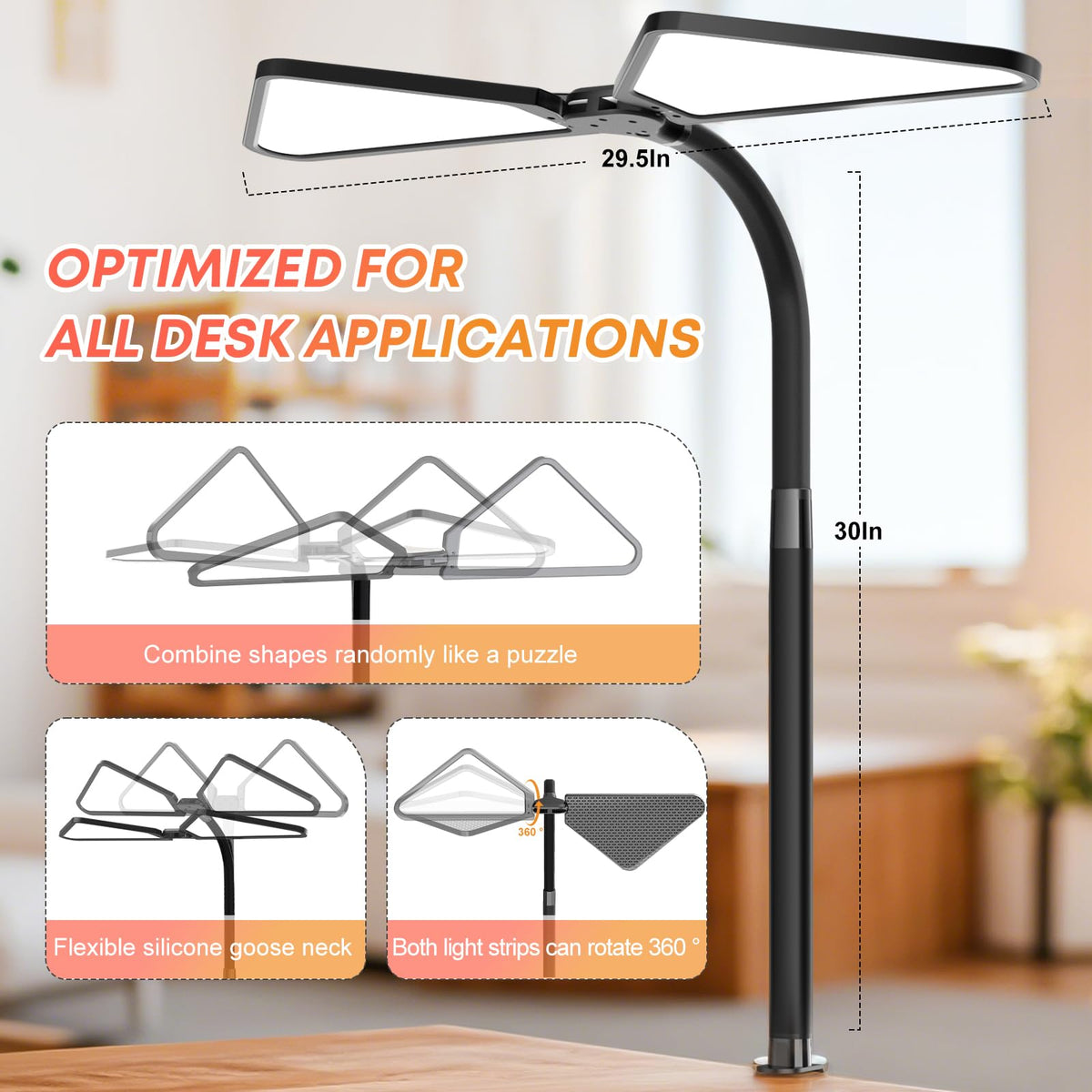 Ultra Large Gooseneck Desk Lamp with Clamp (Triangular Desk Lamp)