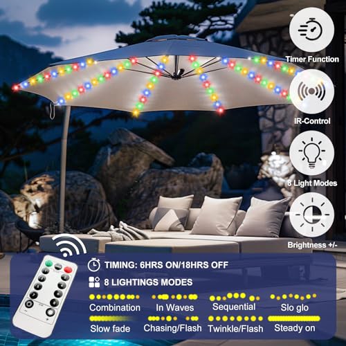 Patio Umbrella Lights Cordless 120 LED Table Umbrella Lights with Remote Control Battery Operated Waterproof Parasol String Lights for 7 (Multicolor)