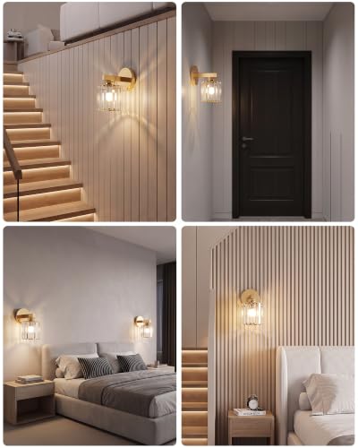 Hardwired Wall Sconces Set of Two with Crystal Lampshade (Gold-B)