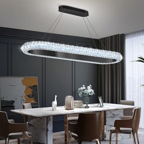 40'' Oval Ring Crystal Chandelier Modern LED Dimmable Ring Pendant Light Chandelier for Dining Room Living Room Black (Black / 1 Ring Oval 40")
