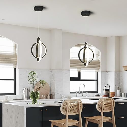 Modern LED Chandelier Black Ring Pendant Light Fixtures 4000K Dimmable Height Adjustable Pendant Lighting for Dining Room Kitchen Island Bedroom Living Room Foyer（1 (Sand Black / Round-1Pack)