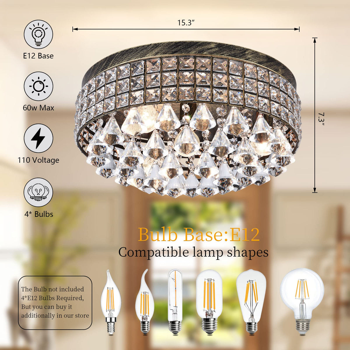 4 Light Traditional Crystal Chandelier (15"Wx7.3"H / Bronze)