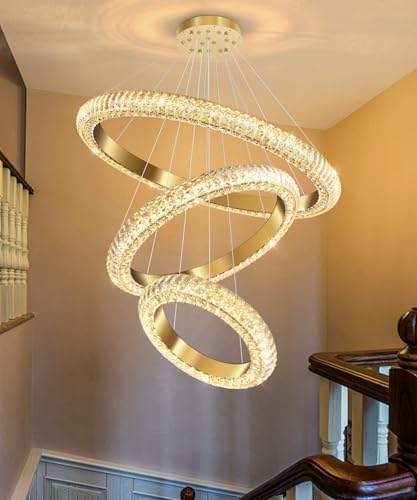 31.5" 3 Ring Crystal Chandelier Modern LED Dimmable Ring Pendant Light Round Chandelier for Dining Room Living Room Gold (Gold / 3 Ring Round 32")