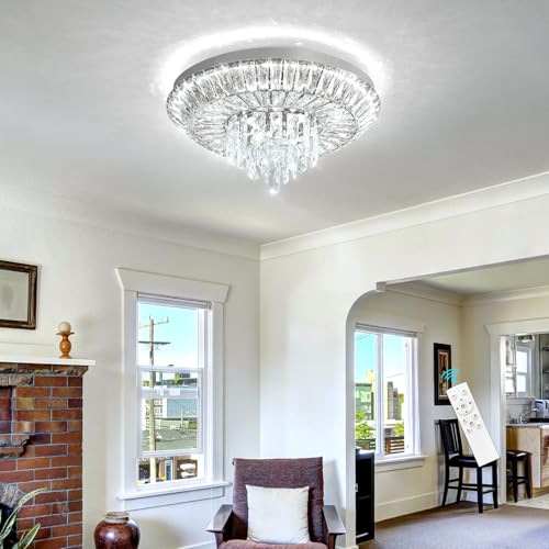 Crystal Chandelier 40W Modern Round Ceiling Light Fixture LED Raindrop Chandeliers Dimmable with Remote for Dining Room Living Room Entryway Hallway Bedroom Silver (Silver / W20")