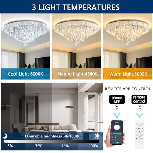Crystal Chandeliers Modern LED Dimmable Flush Mount Ceiling Chandeliers for Living Room High Ceiling Entrance Foyer Bedroom Dining Room (Silver / 39.3" Width)
