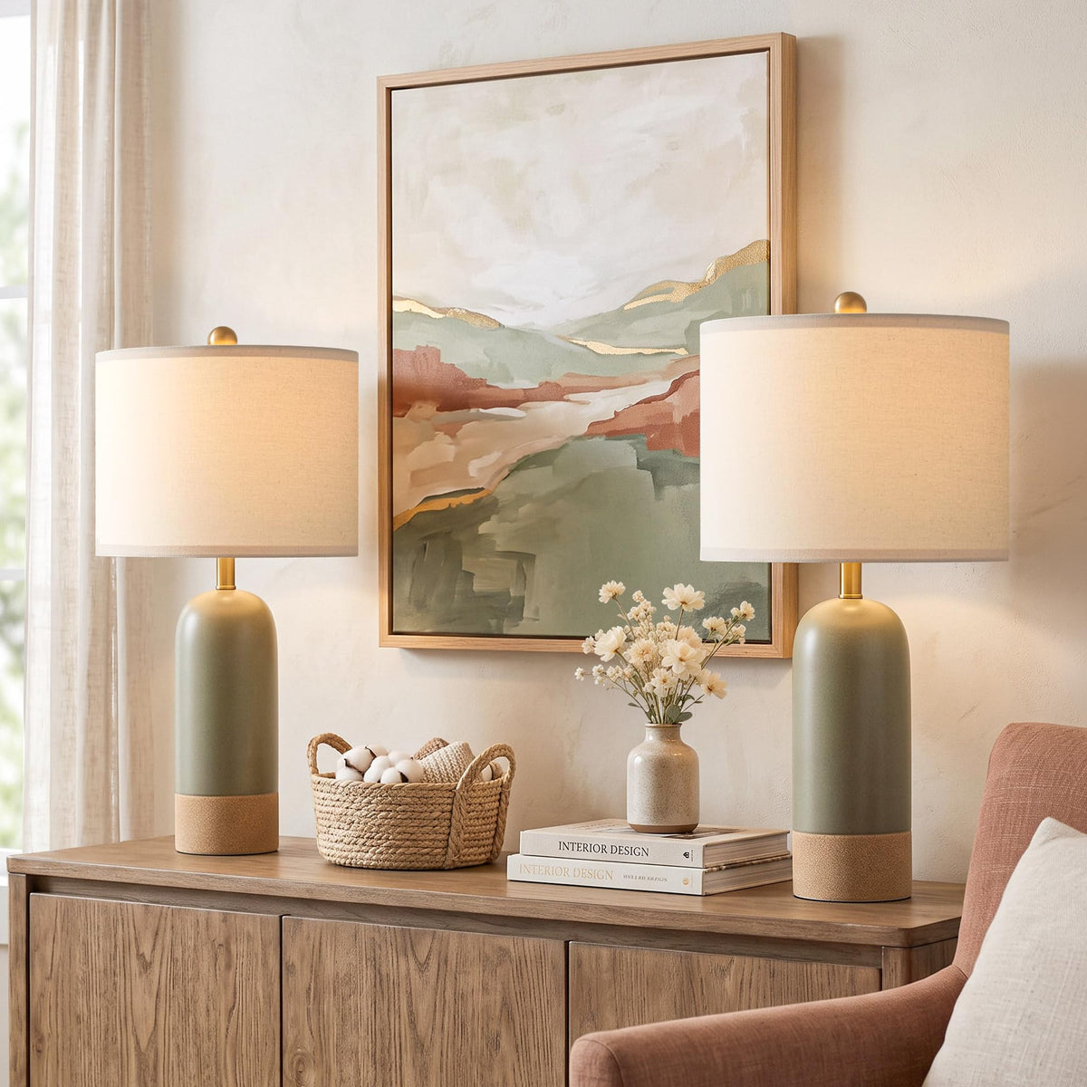 24'' Matte Green Table Lamps Set of 2 for Bedroom (Green & Sand Beige)