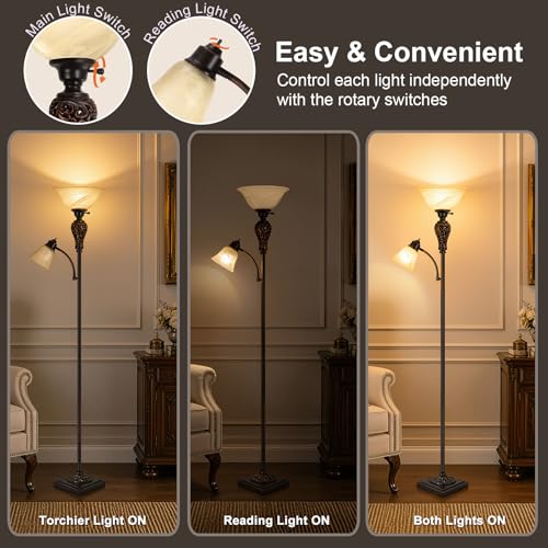 Vintage Torchiere Floor Lamp with Adjustable Reading Light (Brown)