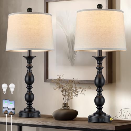 28" Black Modern Table Lamps Set of 2 with USB C+A Ports and AC Outlet (Black-2 Pack)