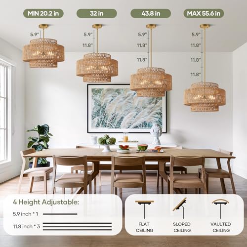 19" Boho Rattan Chandelier for Dining Room Light Fixture (Country / 5-Light)
