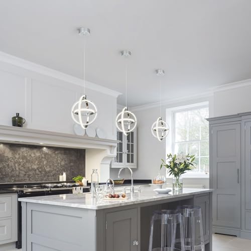 Modern LED Pendant Light Chrome Pendant Lights 4000K Dimmable External Glow Height Adjustable Pendant Lighting for Kitchen Island Dining Room Bedroom Living Room Foyer（3 (Chrome / Round-3 Ring External Glow)