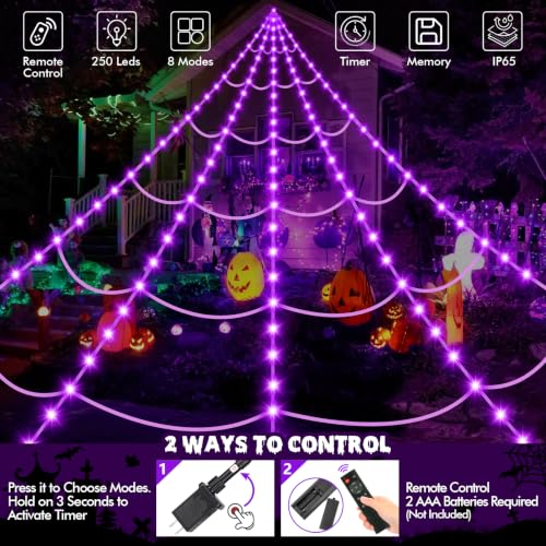 200" Halloween Decorations Spider Web Lights Outdoor +59" Fake Spider (Purple)