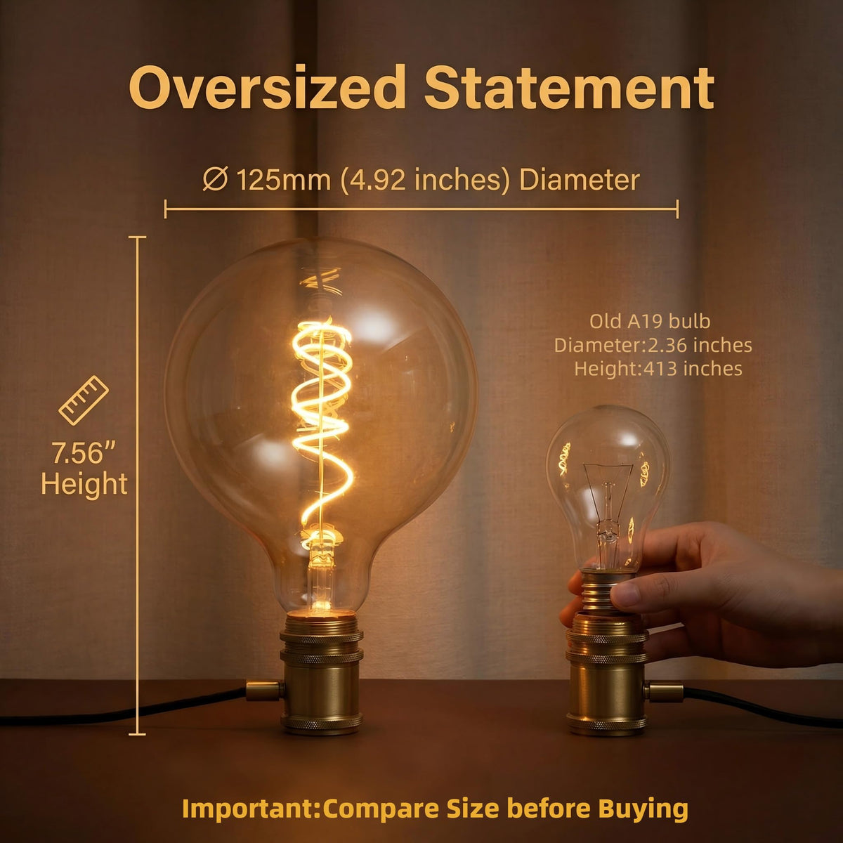 G125 G40 Oversized Edison Bulbs 6W LED 2200K Amber Globe Dimmable (Dimmable 2200k 6w=60w Warm Light / 1 Count (Pack of 1))