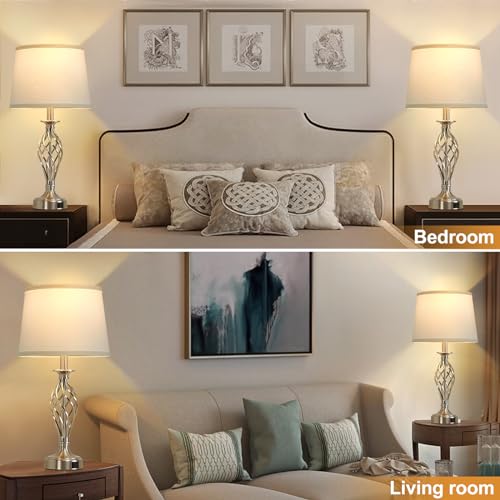 Table Lamp for Bedroom Set of 2 with USB C+A Ports (Silver Base + White Lampshade)