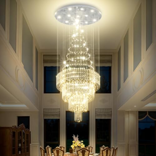 D32 x H79'' Modern Crystal Chandelier for High Ceiling Large Foyer Chandeliers for Living Room Entryway Staircase Villa (Silver / D32"X H79")