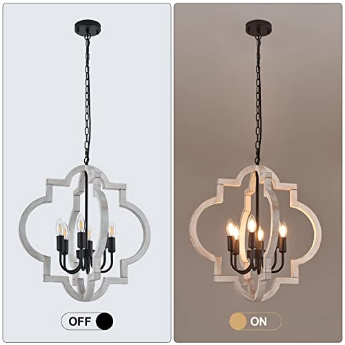 6 Light 21" Farmhouse Orb Chandelier Rustic Handmade Distressed White Wood Hanging Ceiling Pendant Light Fixture Wood Lantern Chandeliers for Dining Room Kitchen Bedroom Foyer Hallway (Textured-White / D21" x H21" 6-Light)