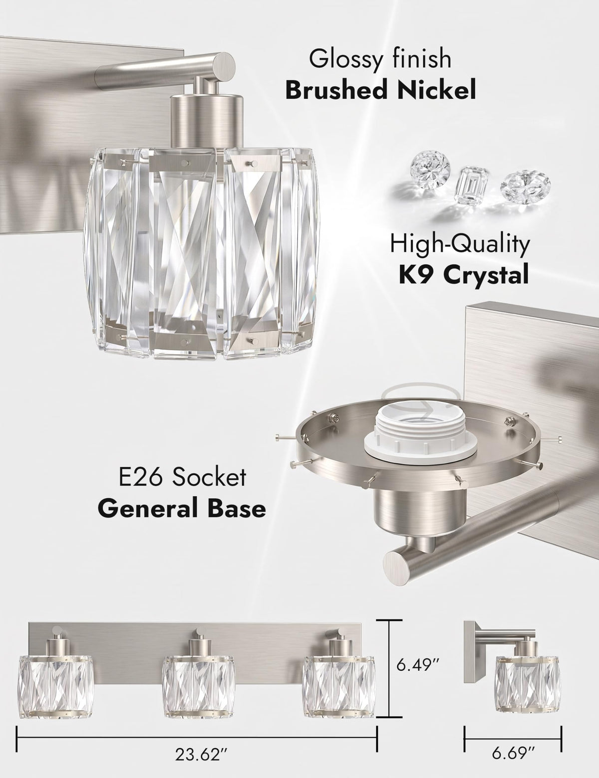 3 Light Crystal Bathroom Vanity Light Fixtures (Brushed Nickel-Round / 3 Light)