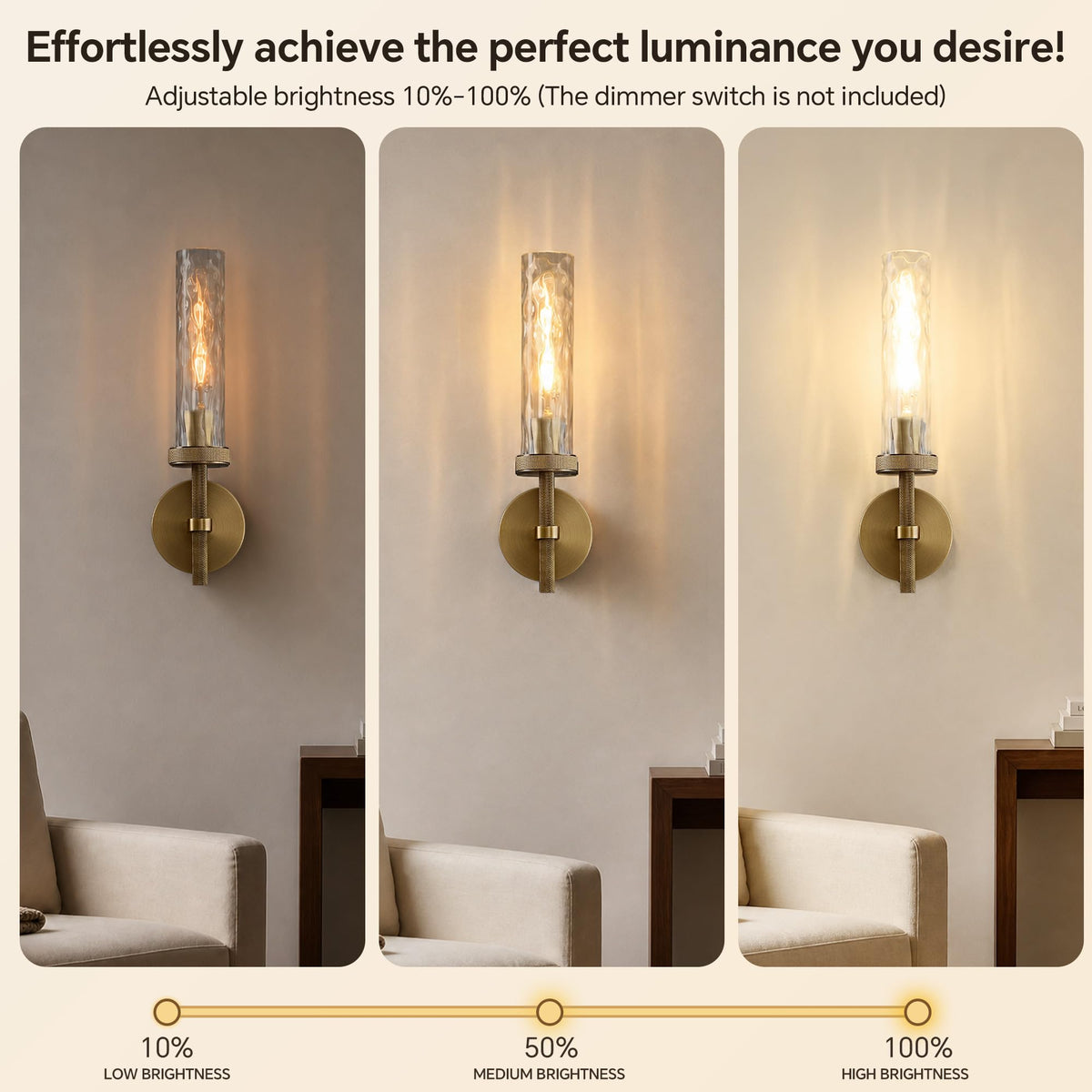 Bathroom Sconces Set of 2 Hardwired Sconces with Water Ripple Glass (Brass / 16.5in-2PK)