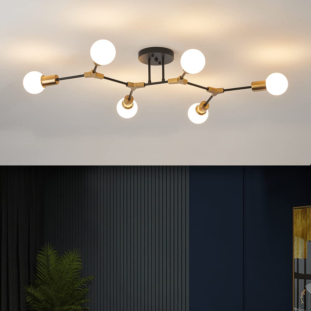 Mid Century Gold and Black Sputnik Semi Flush Mount Ceiling Light Fixture (Gold and black / 6 Light)