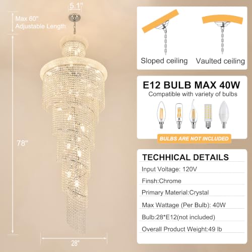 28 Light Large Long Spiral Crystal Chandelier for High Ceiling Foyer Entryway Living Room Staircase Chrome Finish 78'' H X 28'' W X 28'' D (Chrome / 78'' H X 28'' W X 28'' D)