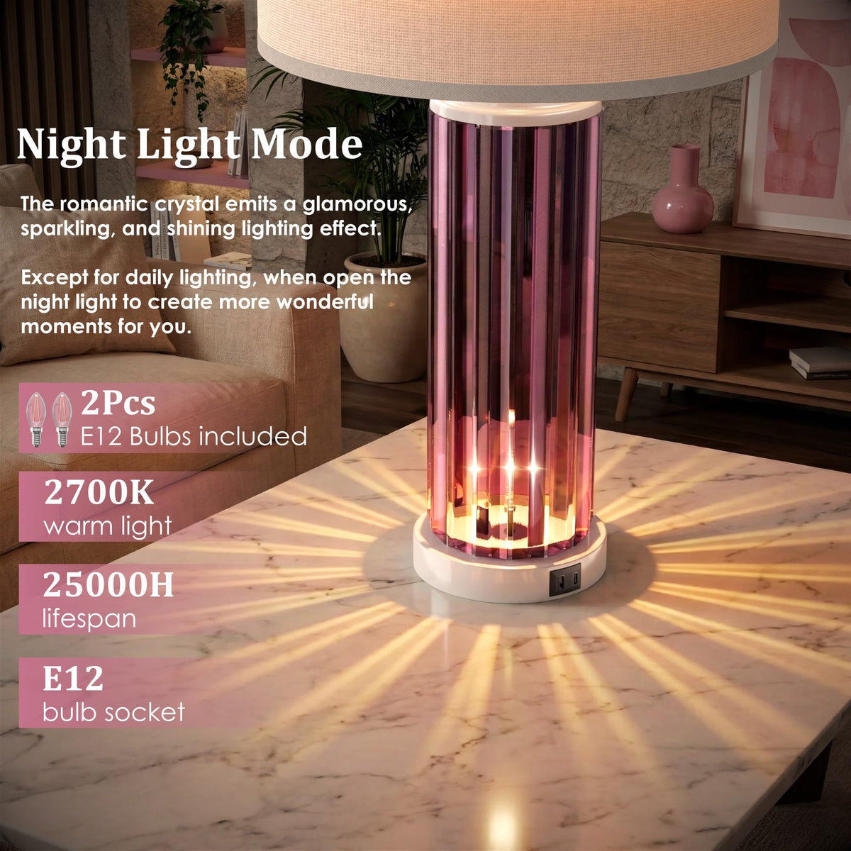 Table Lamps for Bedroom Set of 2 with Nightlight (Set of 2 (White & Pink))