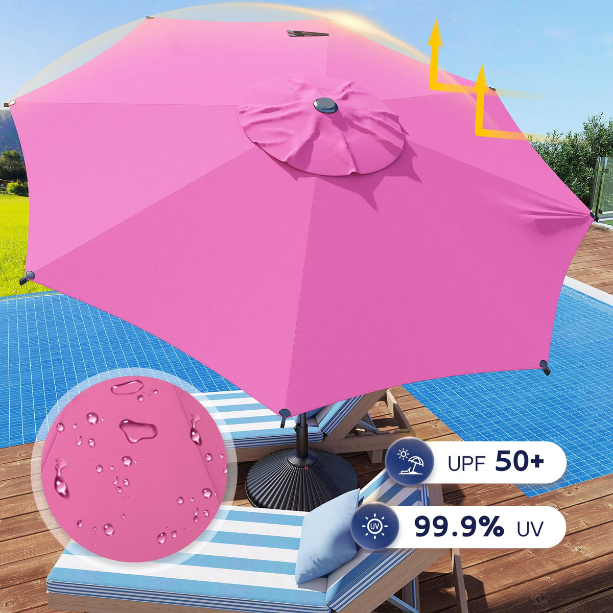 9FT Lyon Outdoor Patio Umbrella Outdoor Table Umbrella with Crank Market Umbrella 8 Sturdy Ribs UV Protection Waterproof and Push Button Tilt for Garden Deck Backyard Pool (9 FT(8 Ribs) / Pink)