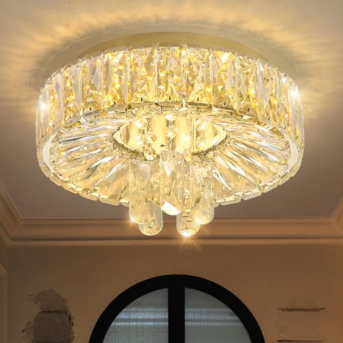 Mini Chandelier Modern Crystal Chandeliers for Hallway LED Flush Mount Ceiling Light Dimmable Light Fixture for Dining Room Living Room Bedroom (Gold / 11.8" Width)