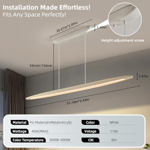 Minimalist Linear Pendant Light Dimmable LED Modern Chandelier Dining Room Island Light Restaurant Cafe Bar Office Hanging Lamp (White / 51 Inch)